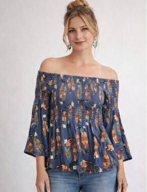 Rockin C Western Boot Smocked Peasant Bell Sleeve Top M